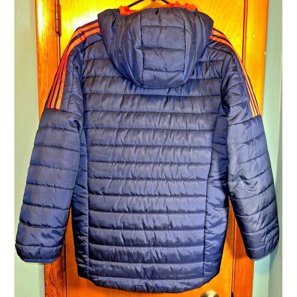adidas Boys‎ XL 18/20 Navy Blue Orange Hooded Puffer Jacket Coat